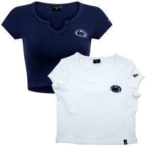 women's navy and white crop Cali t-shirts with stitched Penn State Athletic Logos